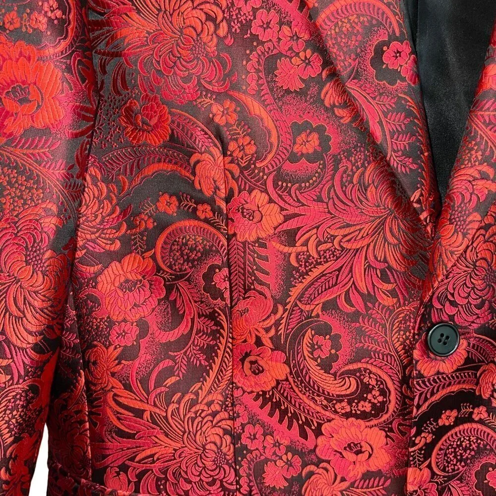 Leonardi Mens Jacket Size Large Red Floral Woven Two Button Pockets Party